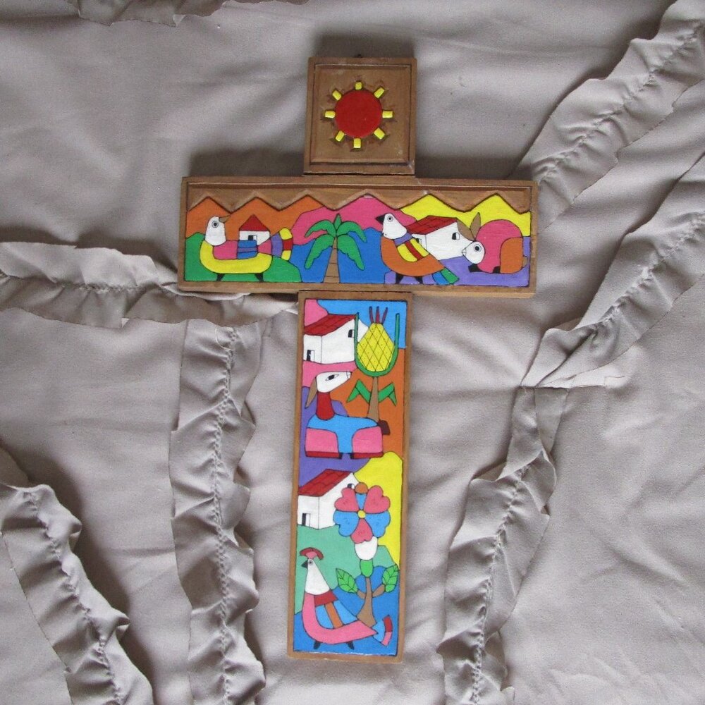 folk art painted wood wedding cross